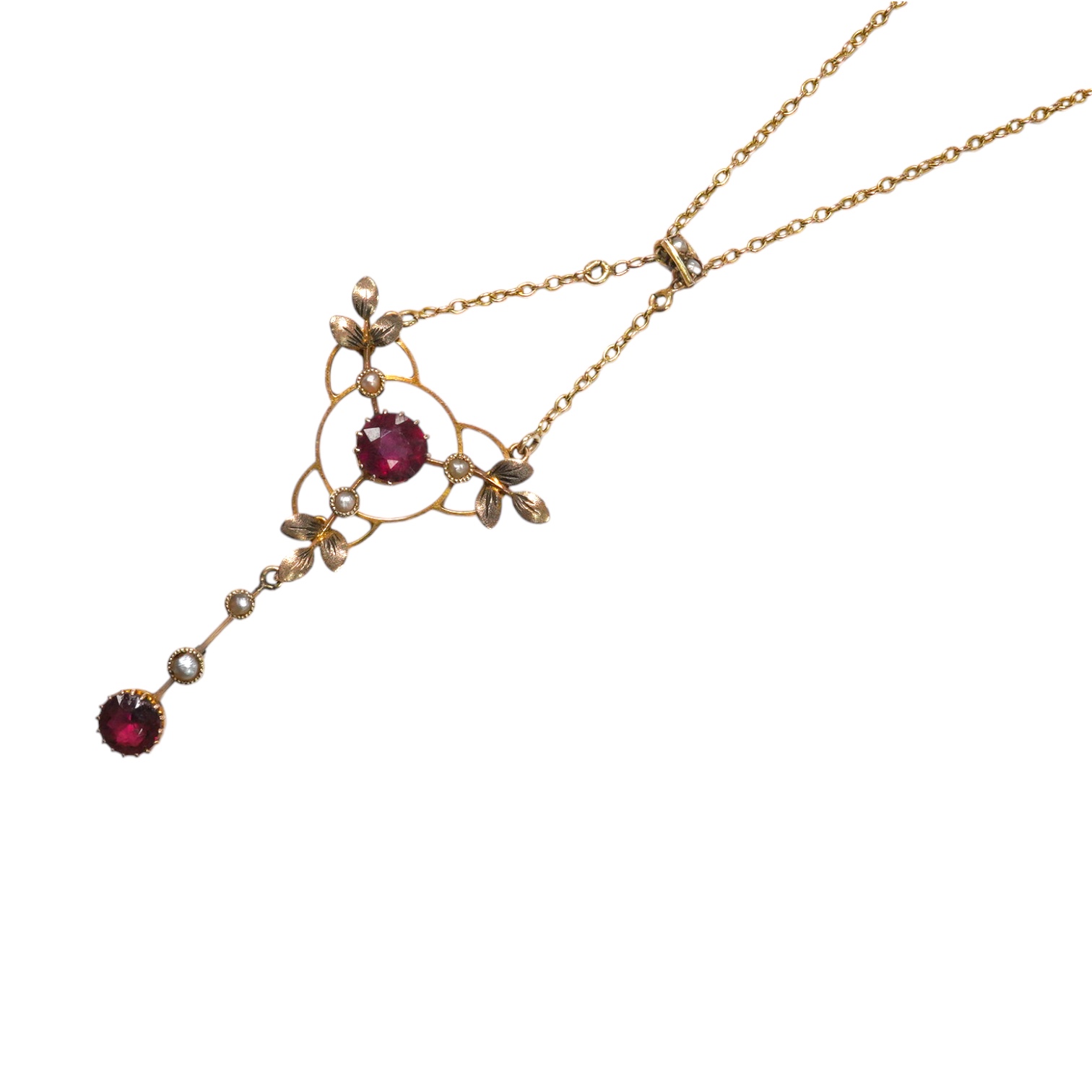 An Edwardian 9ct and gem set drop pendant necklace, pendant 43mm, chain tangled Condition - poor to fair